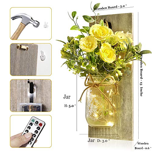 Homecor Wall Decor Mason Jar Sconces - Rustic Farmhouse Home Decor with Remote Control Wall Lights and Yellow Rose for Bedroom Wall Decor Living Room Kitchen Decorations Set of Two - Image 4
