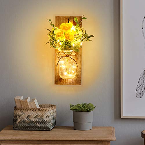 Homecor Wall Decor Mason Jar Sconces - Rustic Farmhouse Home Decor with Remote Control Wall Lights and Yellow Rose for Bedroom Wall Decor Living Room Kitchen Decorations Set of Two - Image 5