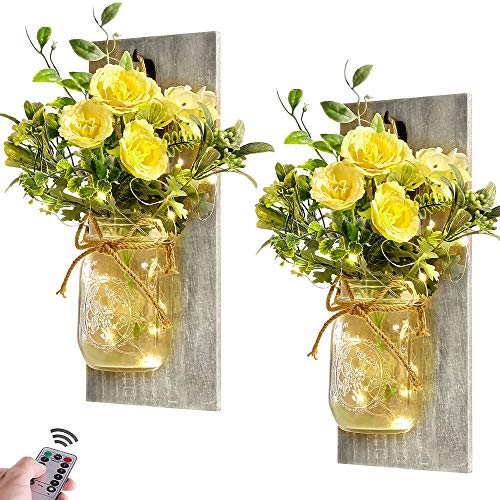 Homecor Wall Decor Mason Jar Sconces - Rustic Farmhouse Home Decor with Remote Control Wall Lights and Yellow Rose for Bedroom Wall Decor Living Room Kitchen Decorations Set of Two - Image 1