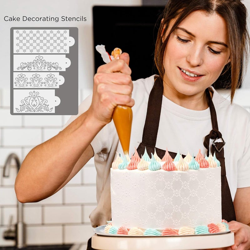 FVVMEED 4 Pieces Spray Flowers Cake Stencil Decorating Template Powdered Sugar Sieve Molds Set Wedding Cake Decorative Flower Edge Molding Baking Tool,Cake Lace Decoration Stencils Plastic Molds - Image 2