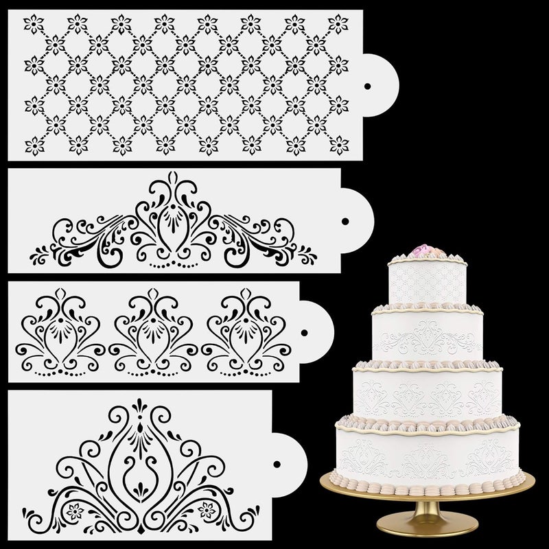 FVVMEED 4 Pieces Spray Flowers Cake Stencil Decorating Template Powdered Sugar Sieve Molds Set Wedding Cake Decorative Flower Edge Molding Baking Tool,Cake Lace Decoration Stencils Plastic Molds - Image 1