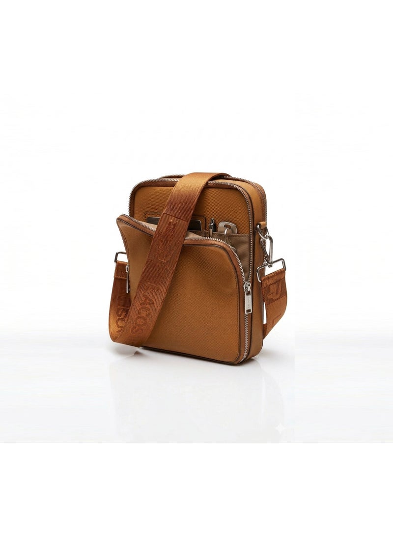 LACOSTE Men’s Vertical Crossbody Bag with Wide Webbing Strap - Mustard Brown - Image 2