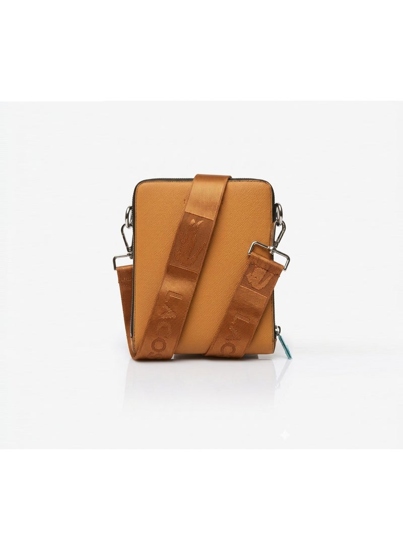 LACOSTE Men’s Vertical Crossbody Bag with Wide Webbing Strap - Mustard Brown - Image 1
