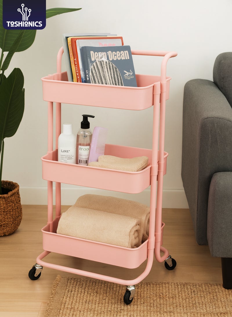 توشيونيكس عربة تنظيم أدوات معدنية متعددة الأغراض بثلاث طبقات مزودة بعجلات للمكتب والمطبخ والحمام وغرفة النوم باللون الوردي 42 × 35 × 85 سم - Image 1