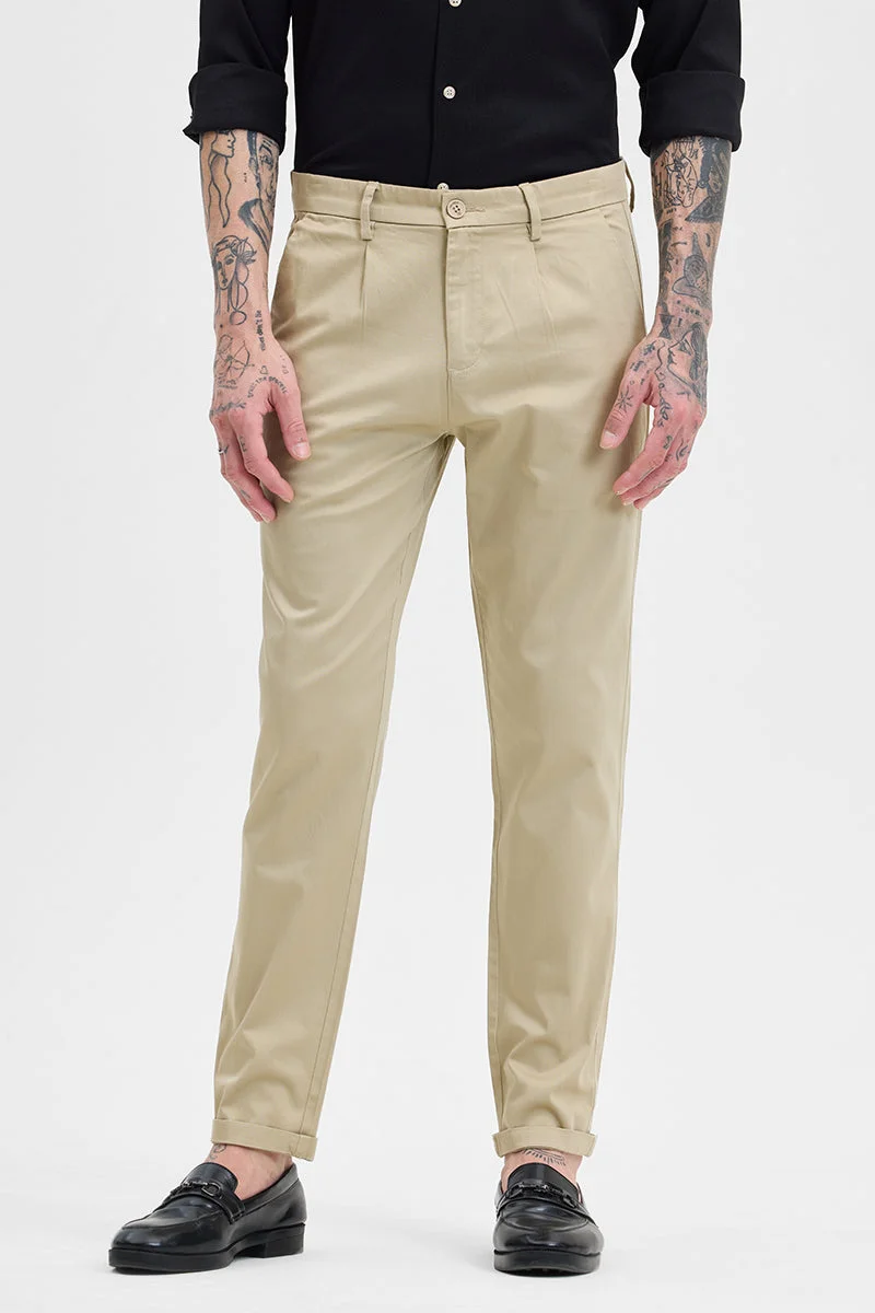SNITCH Beige Slim Fit Pleated Trousers