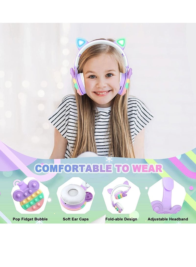 Bluetooth Headphones Wireless with Microphone Fidget Bubbles Cute Cat Ear with LED Light Up Over Ear Headphones for Girls Boys Women Pop Gaming Headset On Ear for Smartphone Tablet PC, Pink