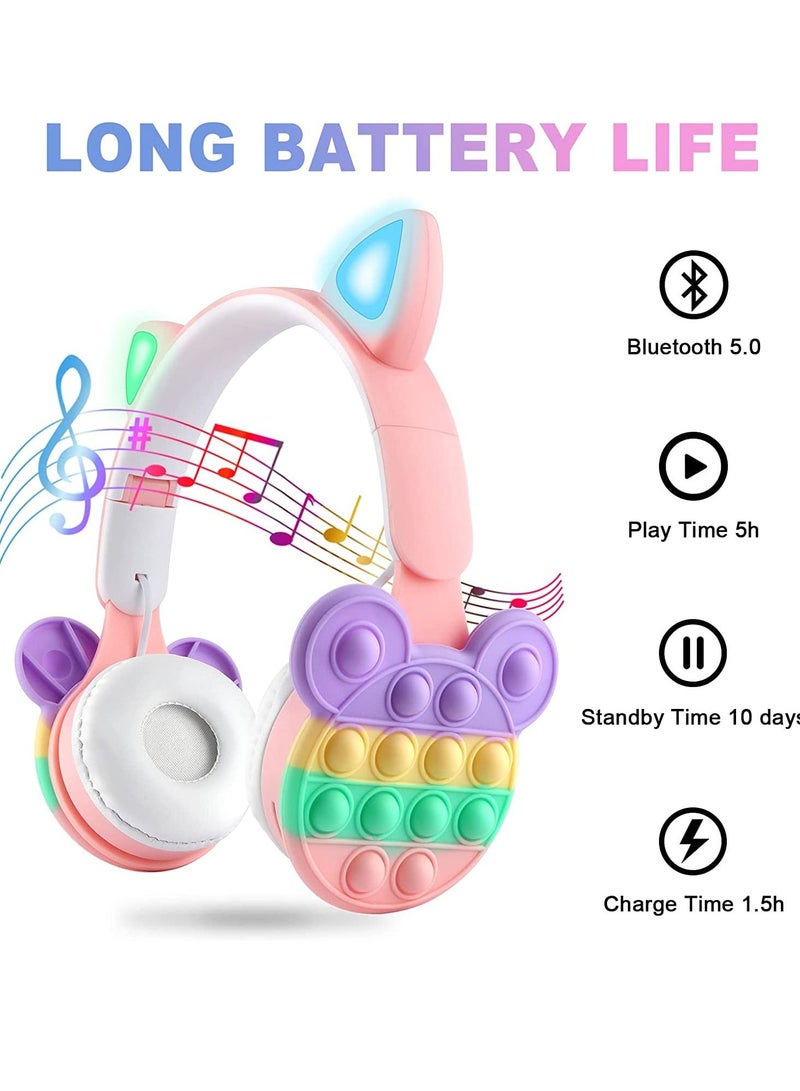 Bluetooth Headphones Wireless with Microphone Fidget Bubbles Cute Cat Ear with LED Light Up Over Ear Headphones for Girls Boys Women Pop Gaming Headset On Ear for Smartphone Tablet PC, Pink