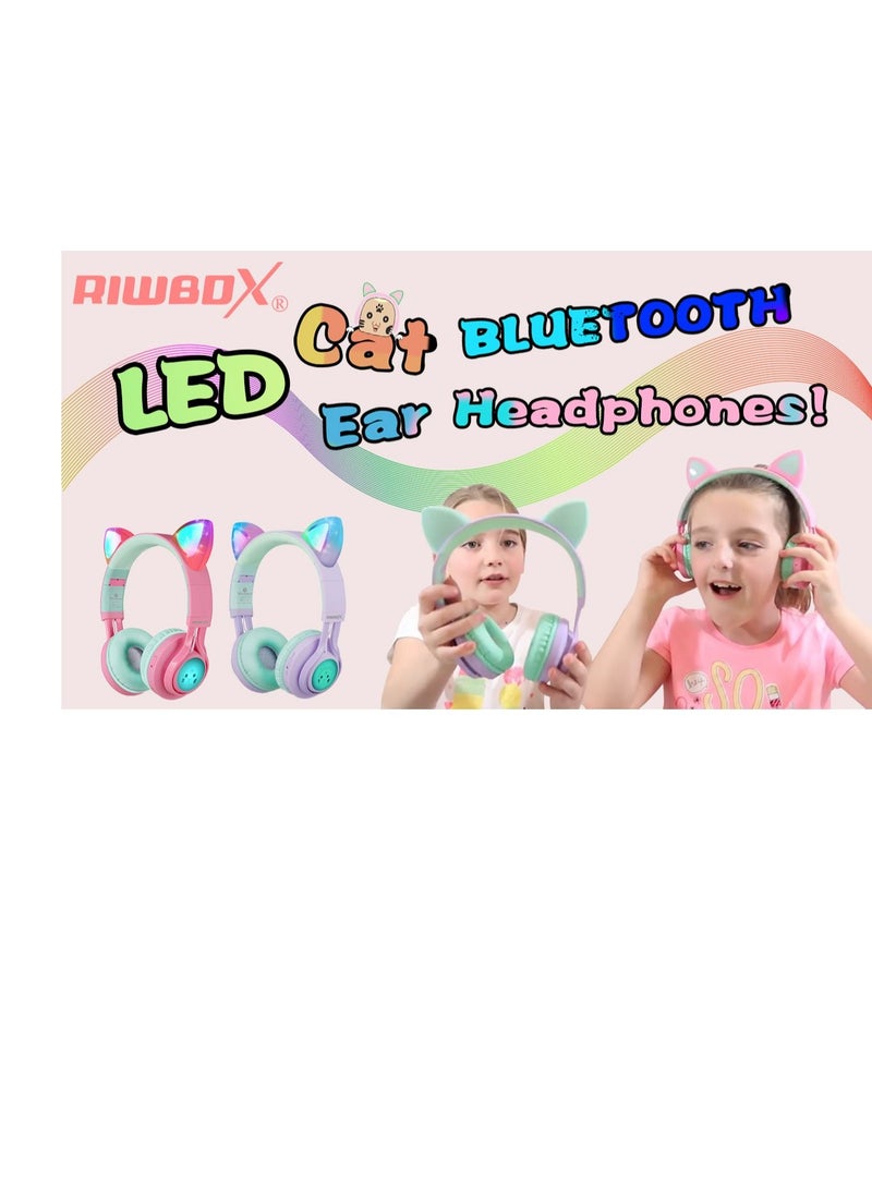 Bluetooth Headphones Wireless with Microphone Fidget Bubbles Cute Cat Ear with LED Light Up Over Ear Headphones for Girls Boys Women Pop Gaming Headset On Ear for Smartphone Tablet PC, Pink