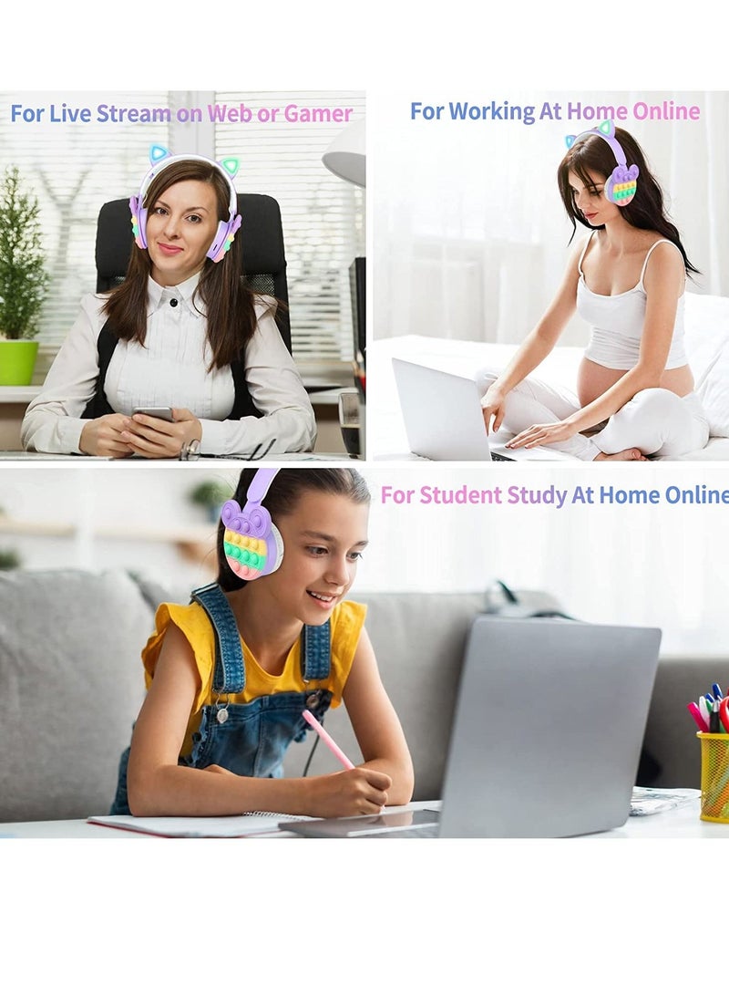 Bluetooth Headphones Wireless with Microphone Fidget Bubbles Cute Cat Ear with LED Light Up Over Ear Headphones for Girls Boys Women Pop Gaming Headset On Ear for Smartphone Tablet PC, Pink