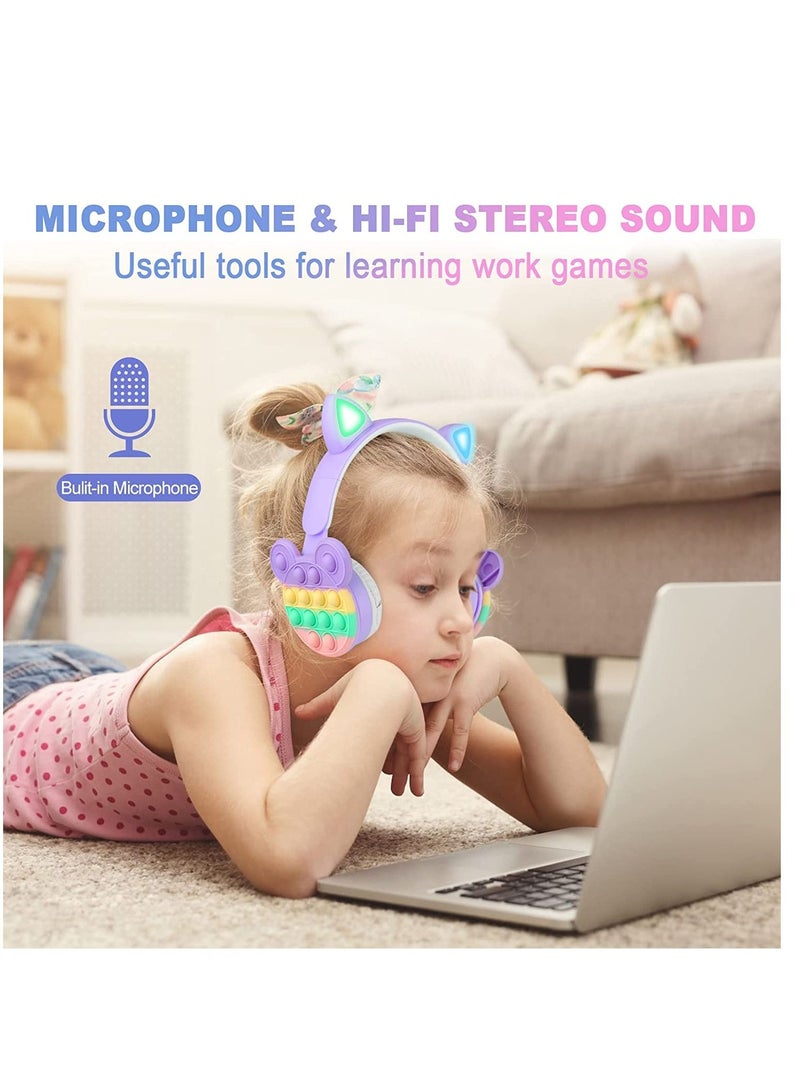 Bluetooth Headphones Wireless with Microphone Fidget Bubbles Cute Cat Ear with LED Light Up Over Ear Headphones for Girls Boys Women Pop Gaming Headset On Ear for Smartphone Tablet PC, Pink