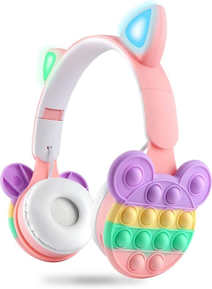 Bluetooth Headphones Wireless with Microphone Fidget Bubbles Cute Cat Ear with LED Light Up Over Ear Headphones for Girls Boys Women Pop Gaming Headset On Ear for Smartphone Tablet PC, Pink