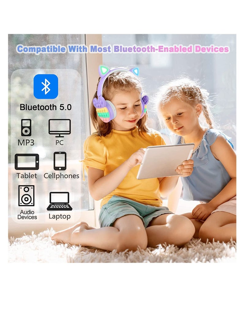 Bluetooth Headphones Wireless with Microphone Fidget Bubbles Cute Cat Ear with LED Light Up Over Ear Headphones for Girls Boys Women Pop Gaming Headset On Ear for Smartphone Tablet PC, Pink