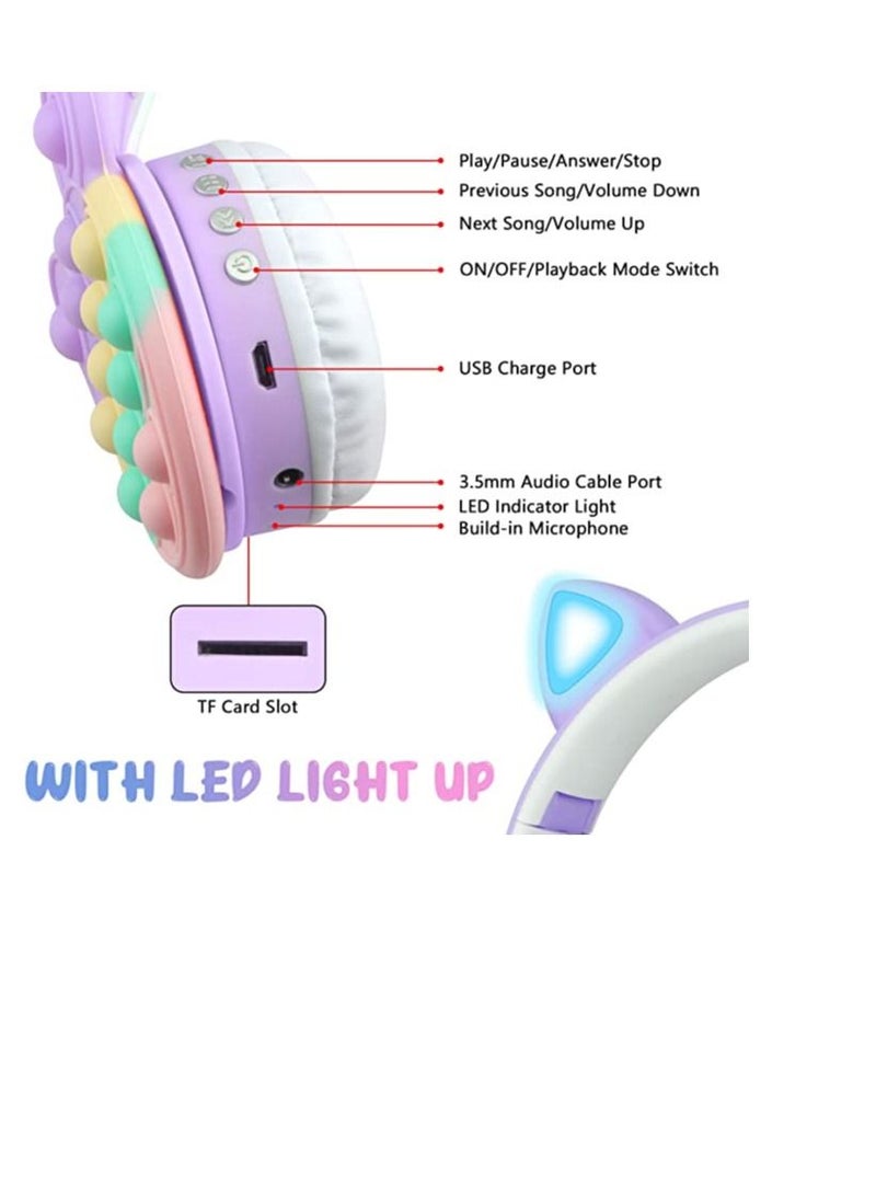 Bluetooth Headphones Wireless with Microphone Fidget Bubbles Cute Cat Ear with LED Light Up Over Ear Headphones for Girls Boys Women Pop Gaming Headset On Ear for Smartphone Tablet PC, Pink