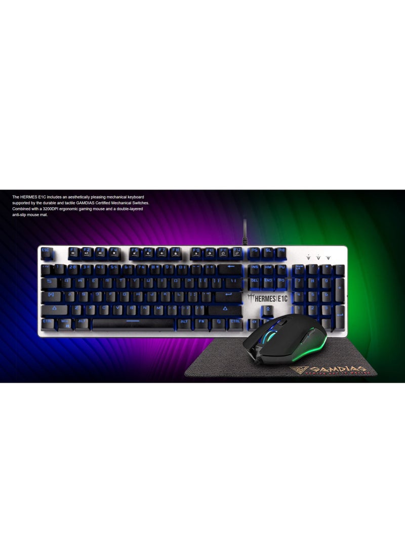 GAMDIAS - HERMES E1C 3-IN-1 Gaming COMBO ( Gaming Keyboard Multi-Colored Mechanical Keyboard – Gaming Mouse Lighting 3200 DPI  – Non-Slip Gaming Mouse Mat 240 x 180 x 3 mm ) - Image 1
