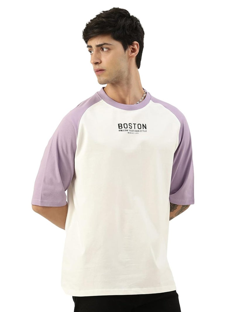 Maniac Mens T-Shirt || Casuals Printed Ragalan T-Shirt || Oversized T-Shirt for Men || Round Neck Half Sleeve || White and Purple Cotton Tshirt - Image 1