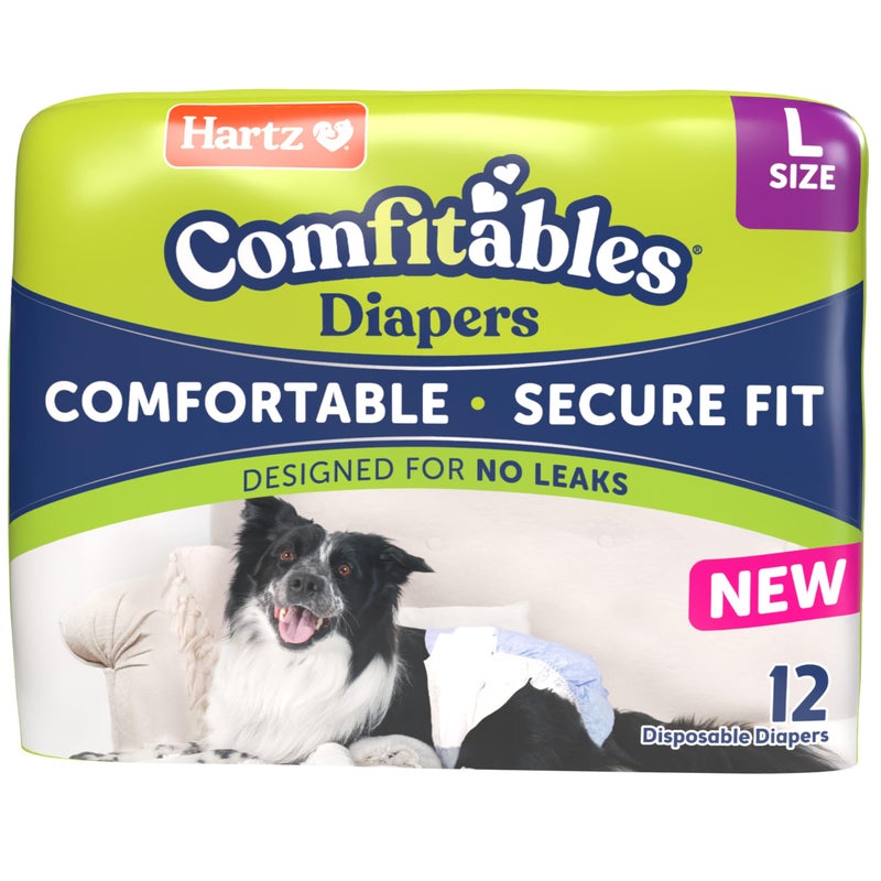 Hartz Comfitables Disposable Dog Diapers, Size Large 12 Count, Comfortable & Secure Fit, Easy to Put On, Super Absorbent Male and Female Diaper - Image 1