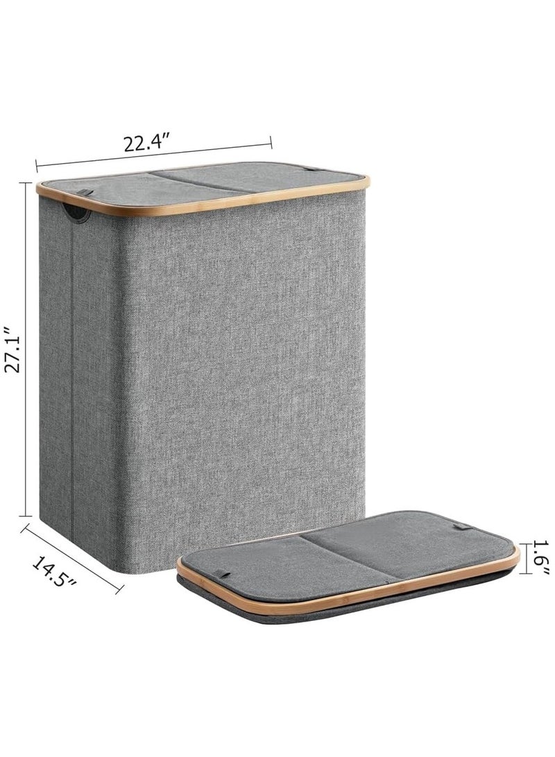 Taizz Ventures 150L Large Laundry Basket with Double Compartment - Foldable Oxford Fabric Hamper with Dustproof Lid & Bamboo Handles for Clothes, Toys, Towels - Space-Saving 14.5Lx22.4Wx27.1H Inch - Grey  - Image 2