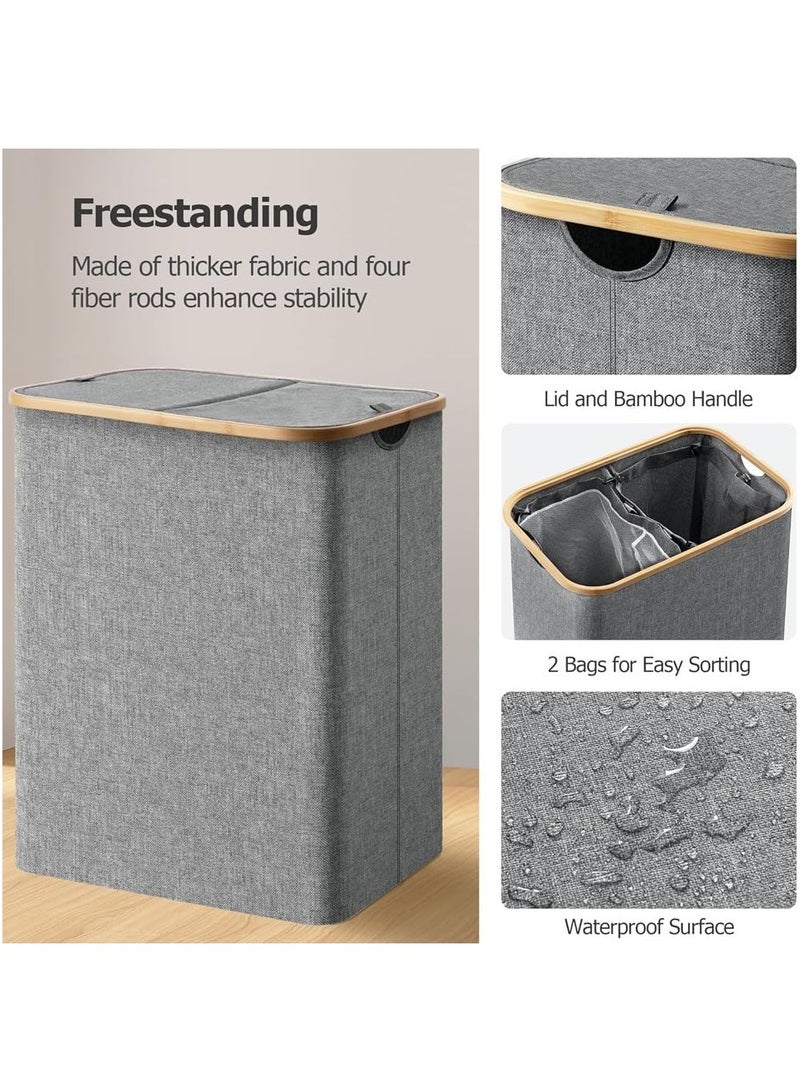 Taizz Ventures 150L Large Laundry Basket with Double Compartment - Foldable Oxford Fabric Hamper with Dustproof Lid & Bamboo Handles for Clothes, Toys, Towels - Space-Saving 14.5Lx22.4Wx27.1H Inch - Grey  - Image 3