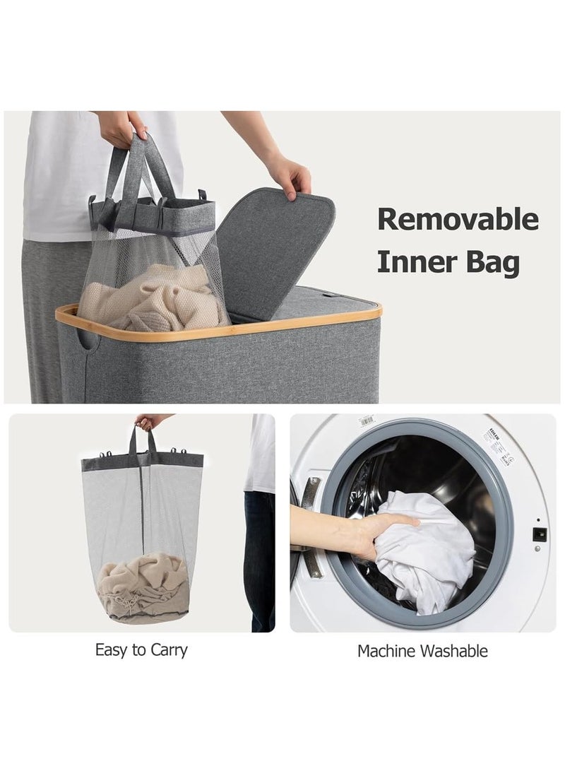 Taizz Ventures 150L Large Laundry Basket with Double Compartment - Foldable Oxford Fabric Hamper with Dustproof Lid & Bamboo Handles for Clothes, Toys, Towels - Space-Saving 14.5Lx22.4Wx27.1H Inch - Grey  - Image 4