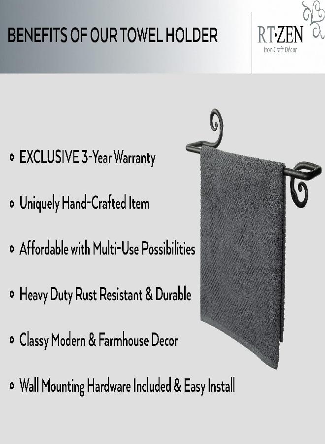 RTZEN Farmehouse Bathroom Towel Holder - Wrought Iron Matte Metal Black Towel Bar Wall Mount Rod - Handmade Home Decor Metal Kitchen Hanger Bar (16'' - Fits 16 Inch Towels) - Image 3