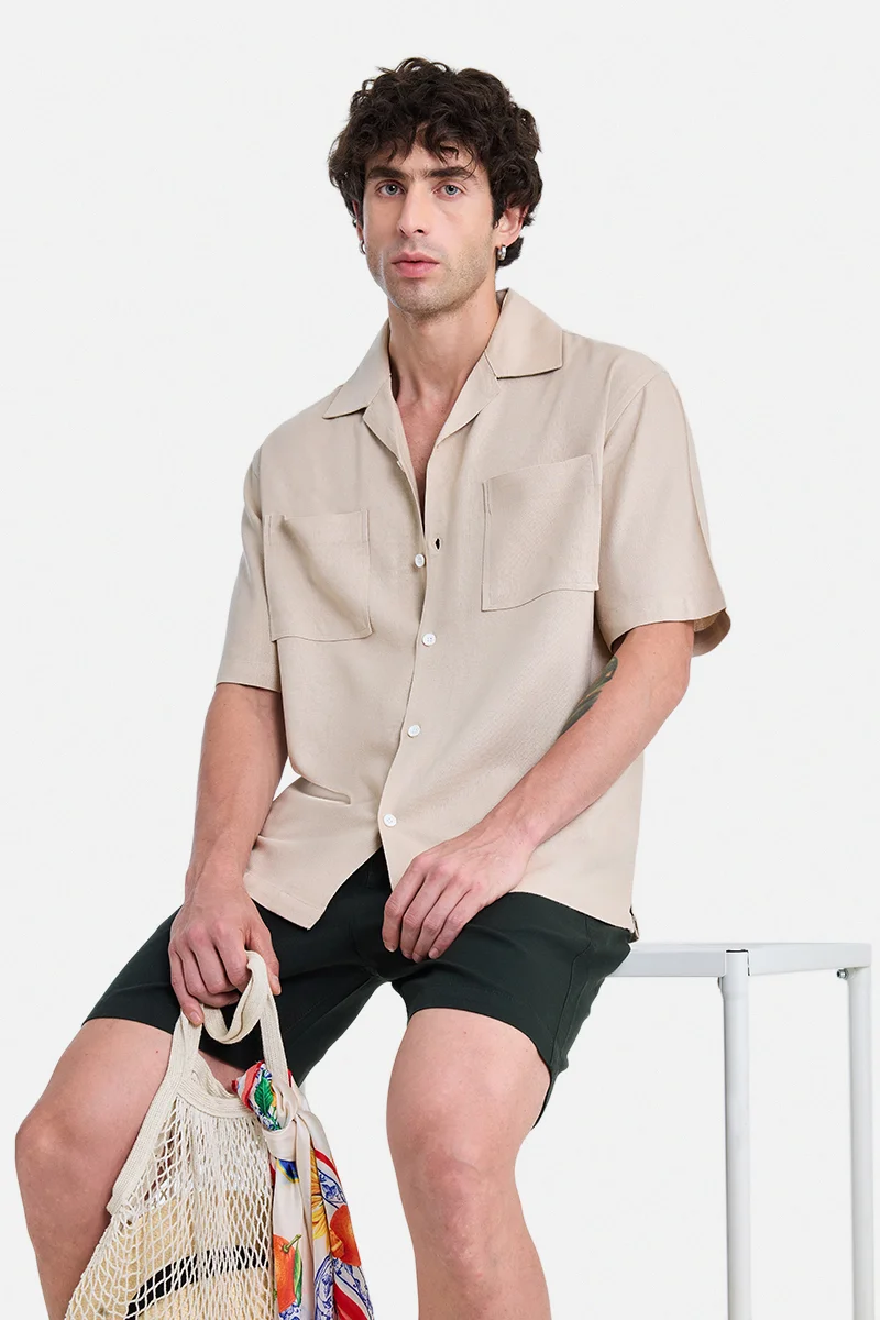 SNITCH Beige Textured Half Sleeve Boxy Vacation Shirt