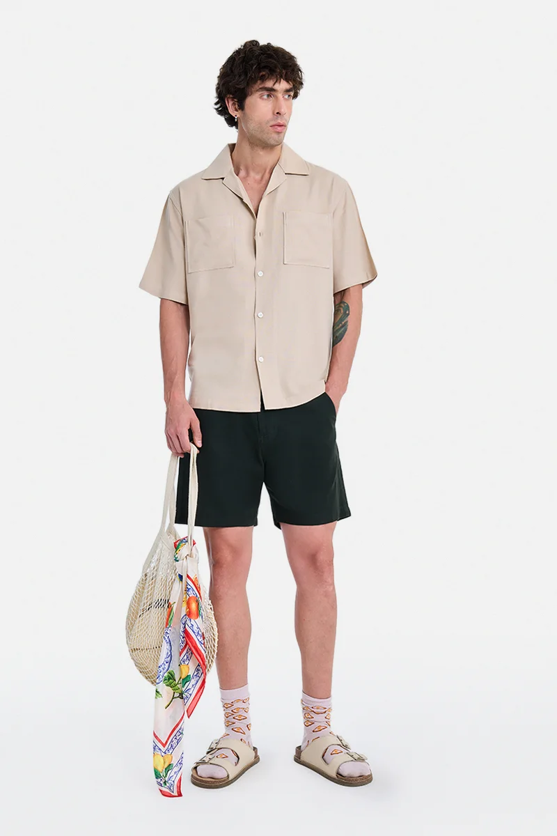 SNITCH Beige Textured Half Sleeve Boxy Vacation Shirt