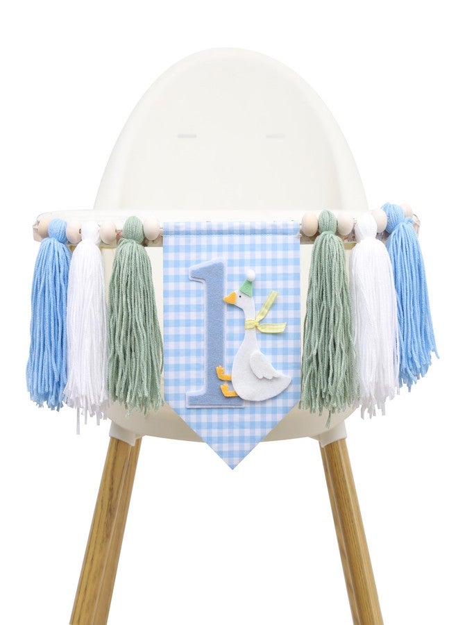 Agkvw One Funny Goose High Chair Banner for Boys - Goose Theme 1st Birthday Decorations, Blue Gingham Style 1st Birthday Yarn Tassel Banner, Boys First Birth day Decor - Image 1