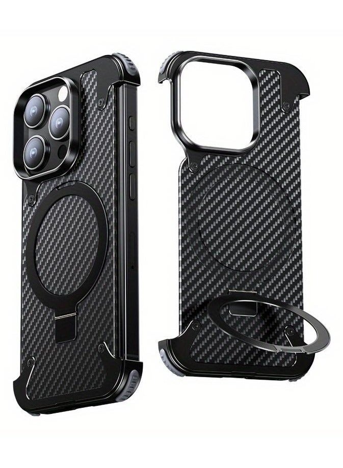 Oatsbasf Luxury New Design Carbon Fiber Case with Phone Ring Grip Frameless for iPhone 15 Pro Max Black - Image 2