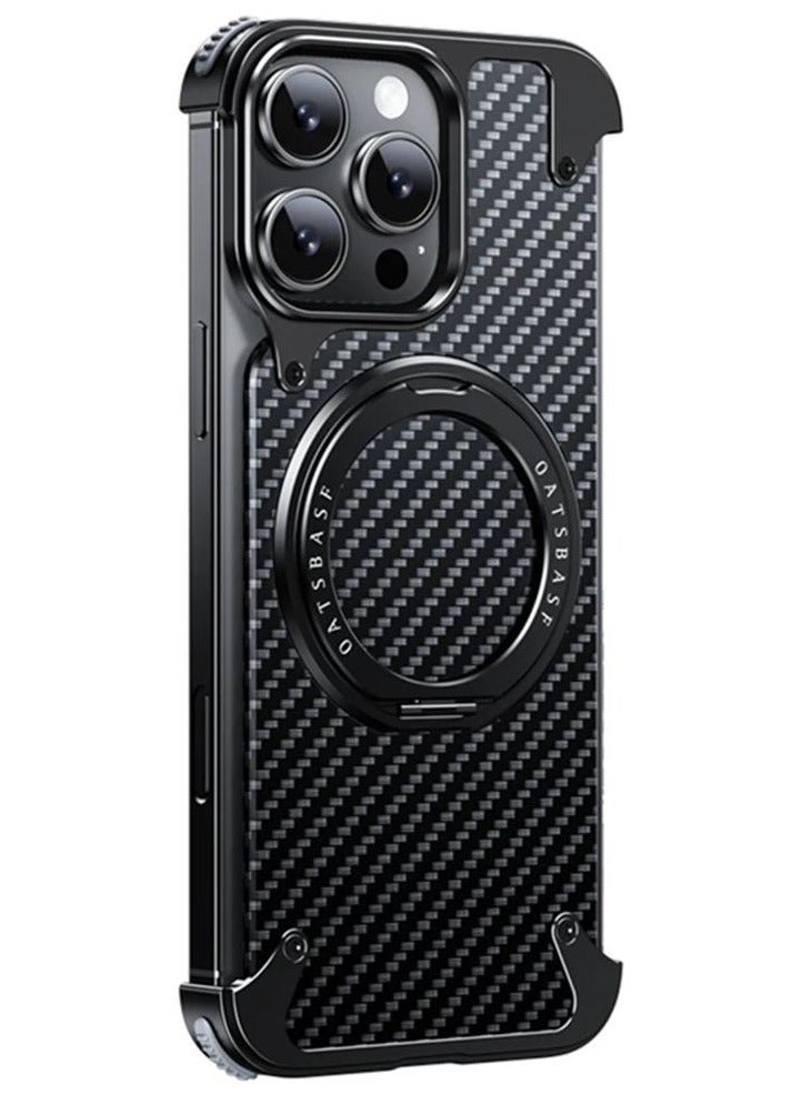 Oatsbasf Luxury New Design Carbon Fiber Case with Phone Ring Grip Frameless for iPhone 15 Pro Max Black - Image 3