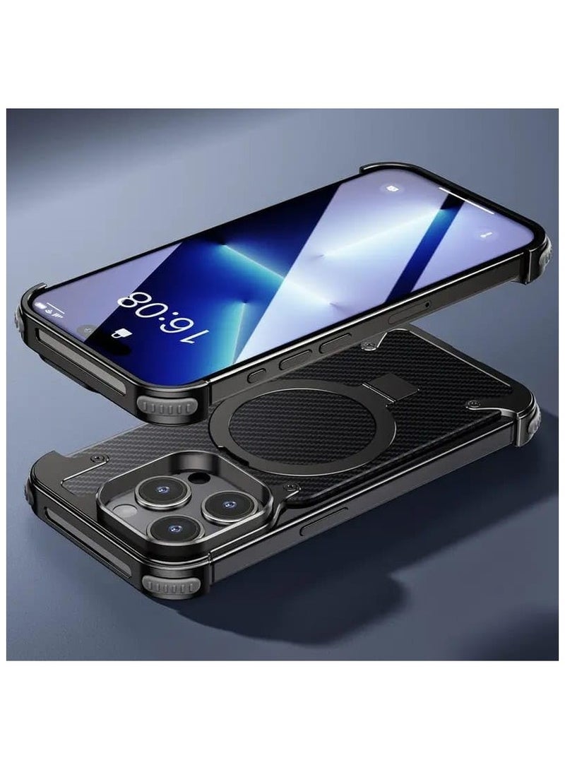 Oatsbasf Luxury New Design Carbon Fiber Case with Phone Ring Grip Frameless for iPhone 15 Pro Max Black - Image 4