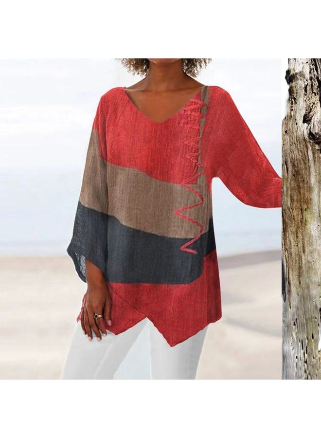 New Women's European And American Retro Distressed Marble V-neck Nine-point Sleeve Loose T-shirt