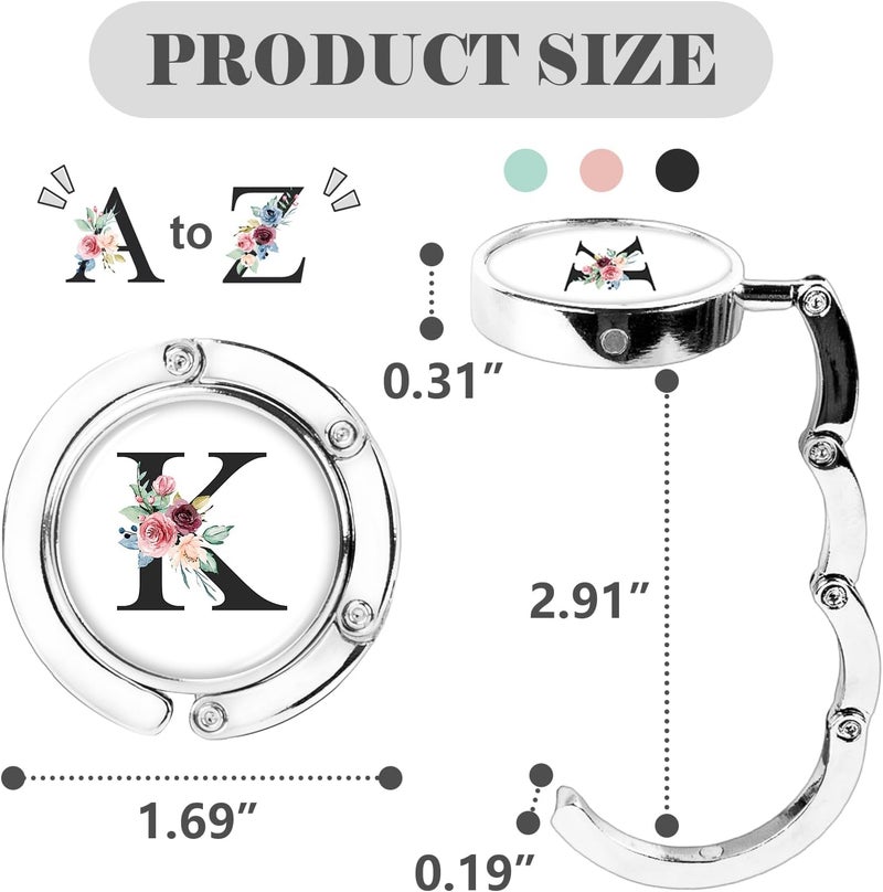 Iqimott 3pcs Personalized Initial Foldable Purse Hook for Table, Flower Letter Folding Handbag Hanger Portable Magnet Holder, Collection Desk Purse Hooks for Women Bag (Black-K) - Image 2