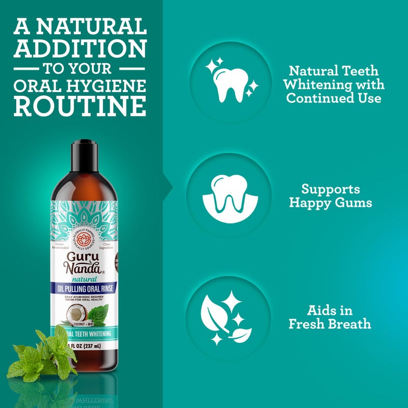 GuruNanda Coconut Oil Pulling, Fresh Breath & Whitening Mouthwash, 7 Essential Oils & Vitamins for Happy Teeth & Gums, Alcohol-Free, (8 oz * 6 Pack)