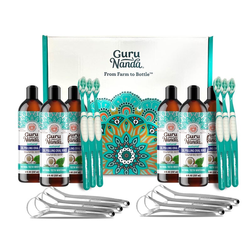 GuruNanda Coconut Oil Pulling, Fresh Breath & Whitening Mouthwash, 7 Essential Oils & Vitamins for Happy Teeth & Gums, Alcohol-Free, (8 oz * 6 Pack)