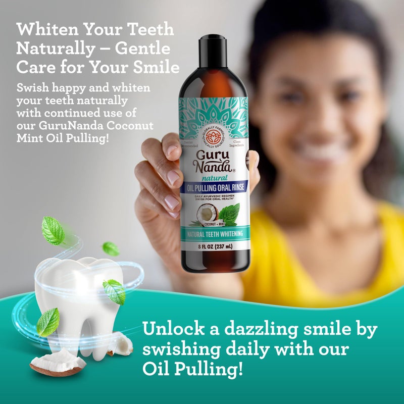 GuruNanda Coconut Oil Pulling, Fresh Breath & Whitening Mouthwash, 7 Essential Oils & Vitamins for Happy Teeth & Gums, Alcohol-Free, (8 oz * 6 Pack)