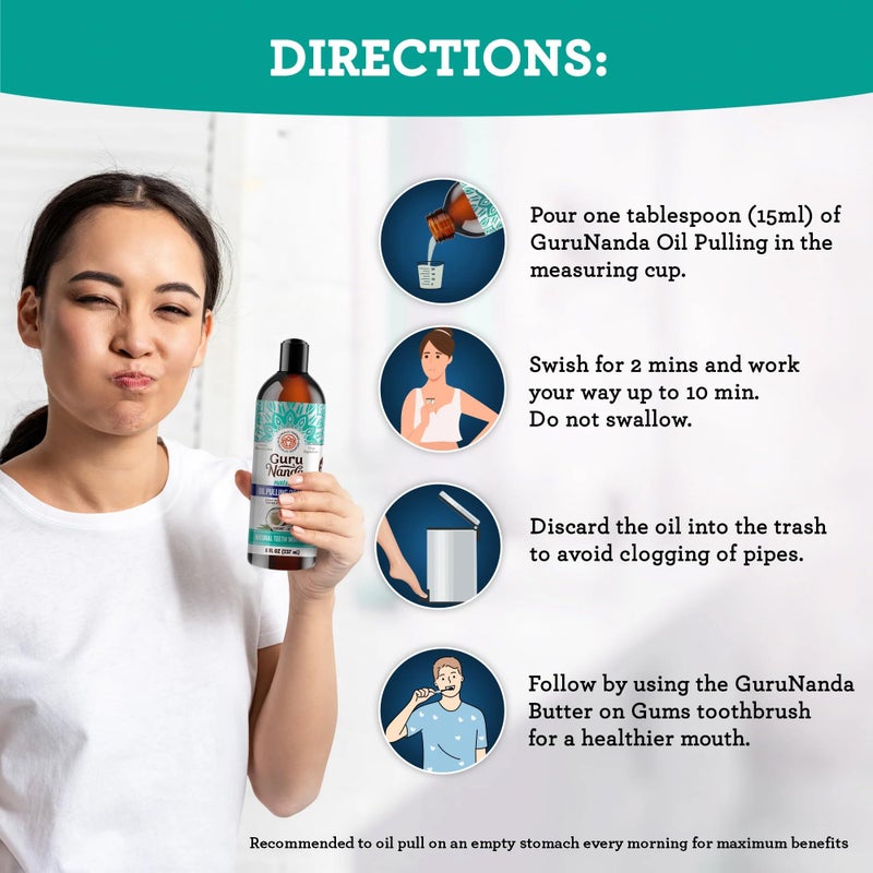 GuruNanda Coconut Oil Pulling, Fresh Breath & Whitening Mouthwash, 7 Essential Oils & Vitamins for Happy Teeth & Gums, Alcohol-Free, (8 oz * 6 Pack)