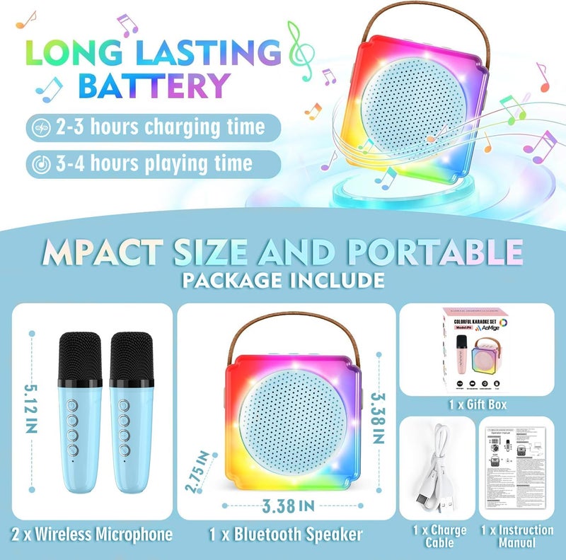 AoMige Mini Karaoke Machine for Kids Adults with 2 Wireless Microphones, Portable Bluetooth Karaoke Speaker with Stereo Sound and Colorful Lights for Family Party,Birthday Gifts for Girls Boys (Blue) - Image 5