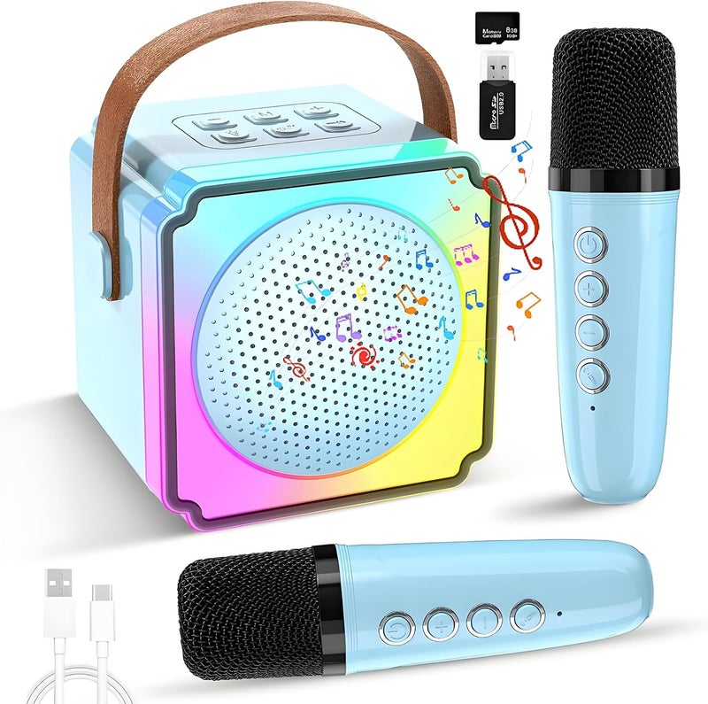 AoMige Mini Karaoke Machine for Kids Adults with 2 Wireless Microphones, Portable Bluetooth Karaoke Speaker with Stereo Sound and Colorful Lights for Family Party,Birthday Gifts for Girls Boys (Blue) - Image 1