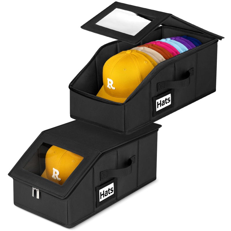 Dofilachy 2 Pack Stackable Hat Storage for Baseball Caps Holds 28 Caps Closet Organizer Box with Clear Window CardboardSturdy Snapback Hat Boxes for Home Storage dark 2 - Image 2