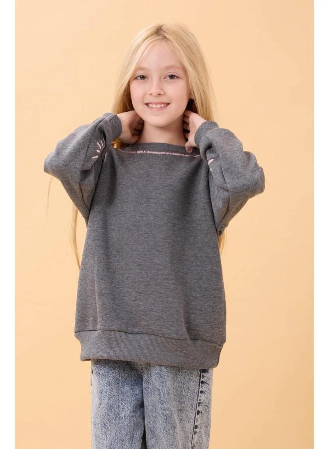 Perendi Girls' Printed Bicycle Collar Seasonal Sweatshirt - Anthracite
