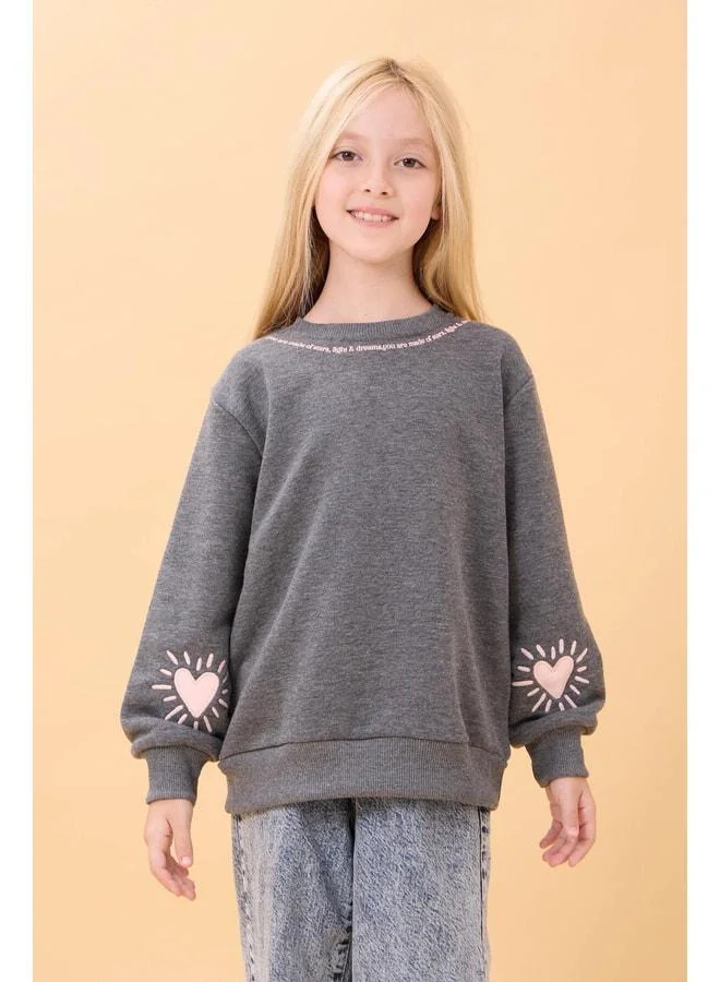 Perendi Girls' Printed Bicycle Collar Seasonal Sweatshirt - Anthracite