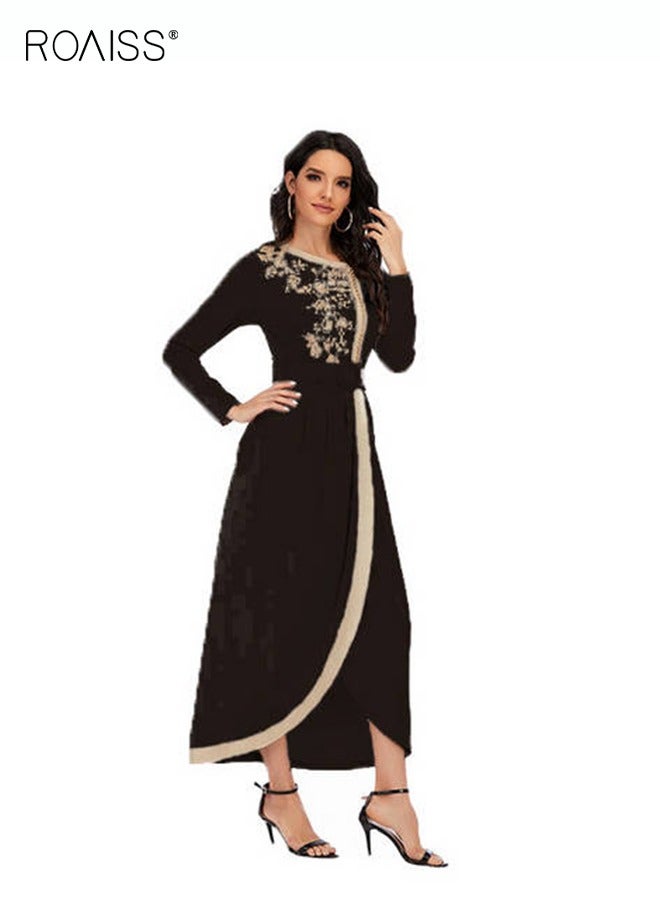 رويس فستان ماكسي للنساء فستان بأكمام طويلة وحزام خصر ورقبة دائرية فستان طويل فضفاض سادة بأكمام طويلة وخصر مرتفع للسيدات في رمضان وعيد الأضحى - Image 2
