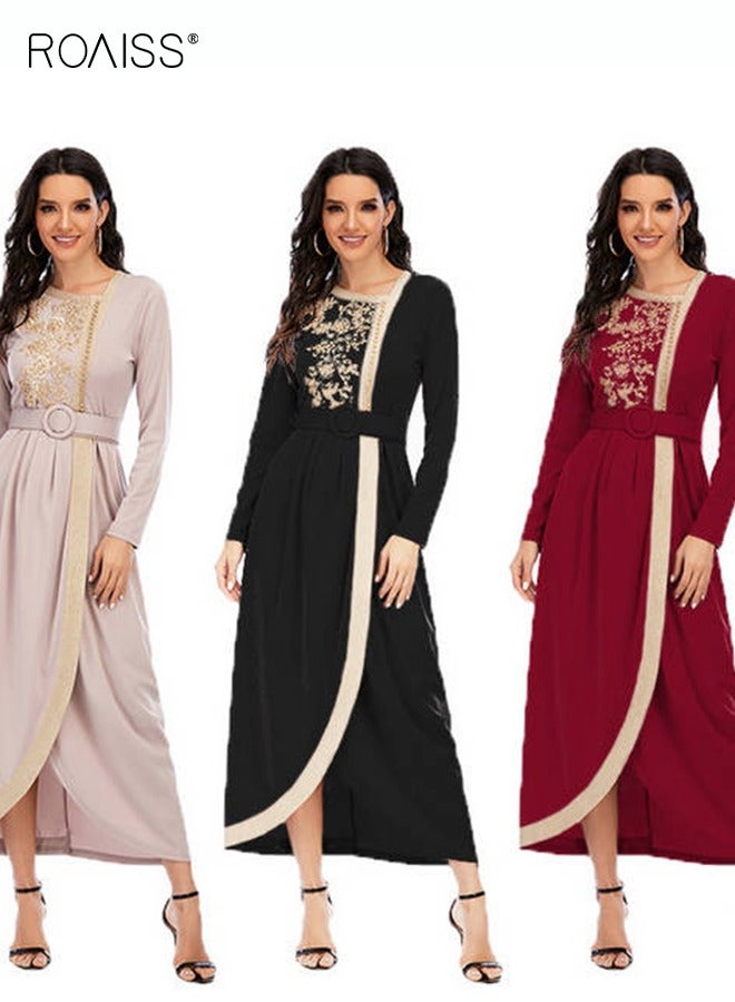 رويس فستان ماكسي للنساء فستان بأكمام طويلة وحزام خصر ورقبة دائرية فستان طويل فضفاض سادة بأكمام طويلة وخصر مرتفع للسيدات في رمضان وعيد الأضحى - Image 5