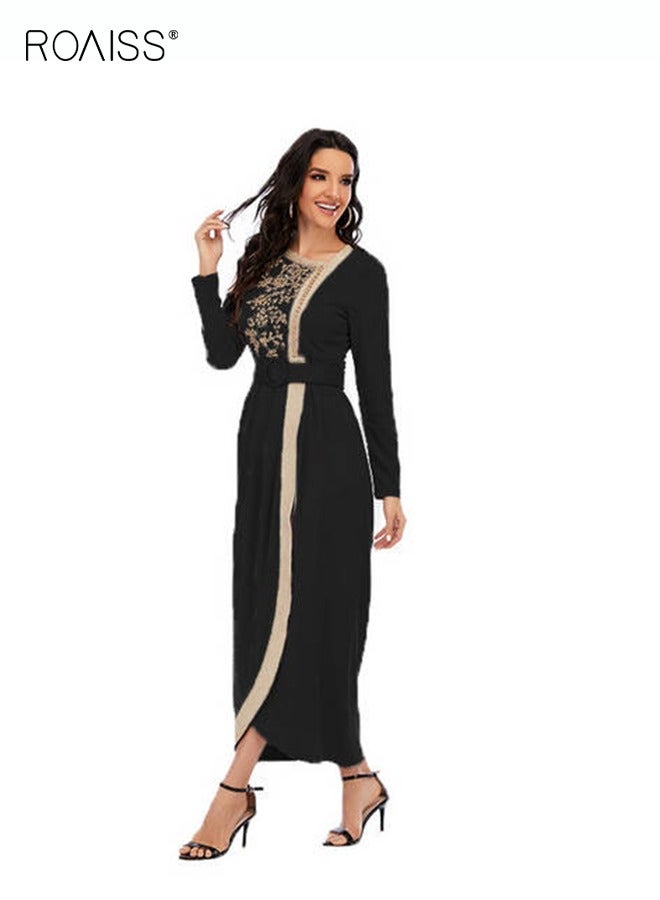 رويس فستان ماكسي للنساء فستان بأكمام طويلة وحزام خصر ورقبة دائرية فستان طويل فضفاض سادة بأكمام طويلة وخصر مرتفع للسيدات في رمضان وعيد الأضحى - Image 4