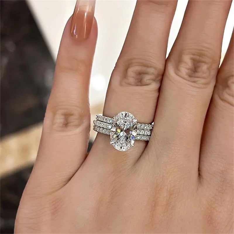 AZQ 925 Sterling Silver Shiny Full Diamond Gemstone Ring 18K Gold 3PCS Oval Cut 3ct Cubic Zirconia Promise Rings CZ Diamond Multi Row Ring Eternity Engagement Wedding Band Ring Sets Z.180 (US Code 8) - Image 1