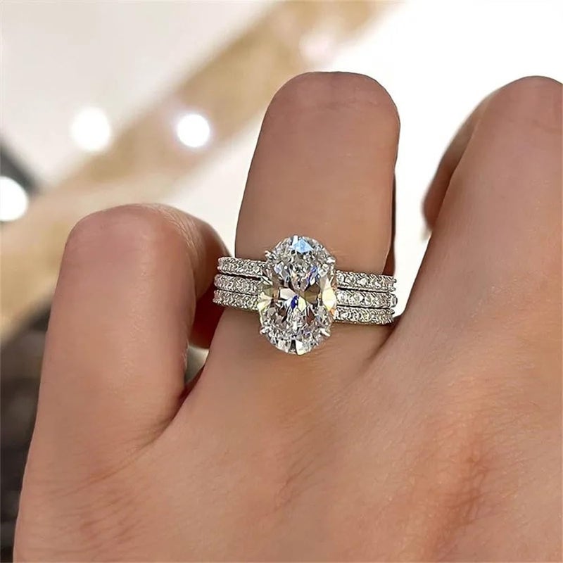 AZQ 925 Sterling Silver Shiny Full Diamond Gemstone Ring 18K Gold 3PCS Oval Cut 3ct Cubic Zirconia Promise Rings CZ Diamond Multi Row Ring Eternity Engagement Wedding Band Ring Sets Z.180 (US Code 8) - Image 2