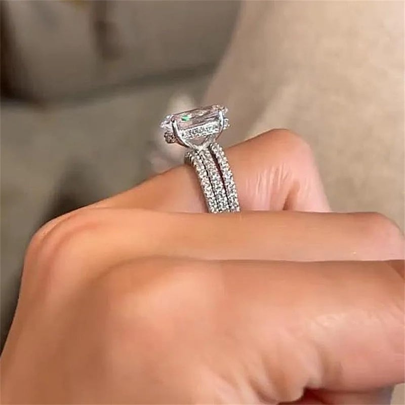 AZQ 925 Sterling Silver Shiny Full Diamond Gemstone Ring 18K Gold 3PCS Oval Cut 3ct Cubic Zirconia Promise Rings CZ Diamond Multi Row Ring Eternity Engagement Wedding Band Ring Sets Z.180 (US Code 8) - Image 3