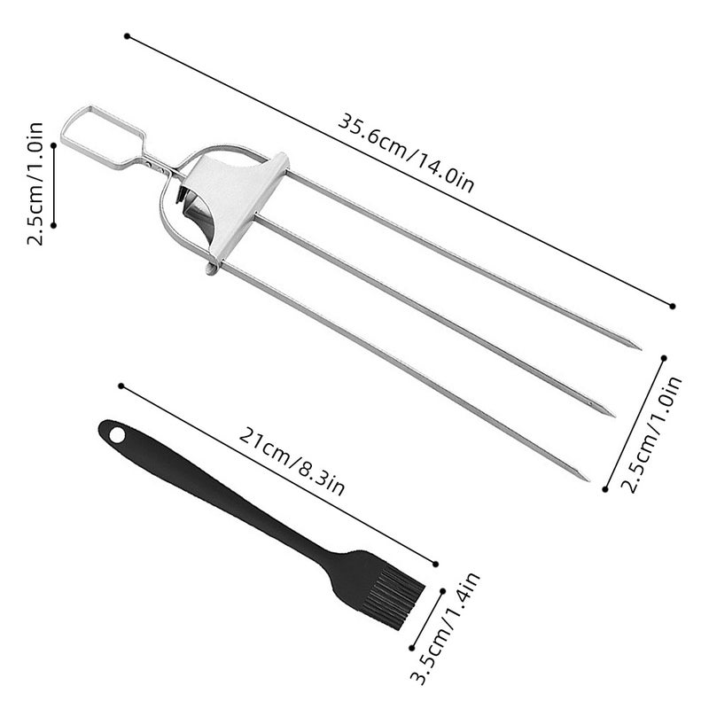 Stainless Steel Skewers Semi-Automatic BBQ Outdoor Three-Pronged Grill for Grilling Meat Chicken Sausages Vegetables Shrimp w/ Push Rod BBQ Mop - Image 2