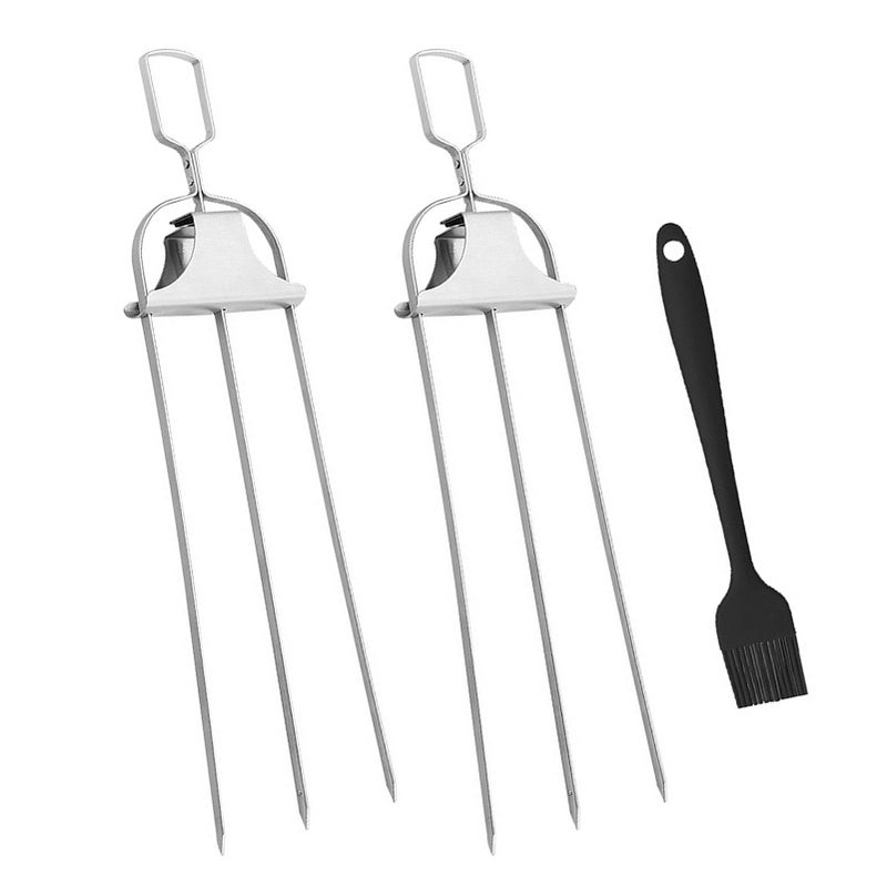 Stainless Steel Skewers Semi-Automatic BBQ Outdoor Three-Pronged Grill for Grilling Meat Chicken Sausages Vegetables Shrimp w/ Push Rod BBQ Mop - Image 1