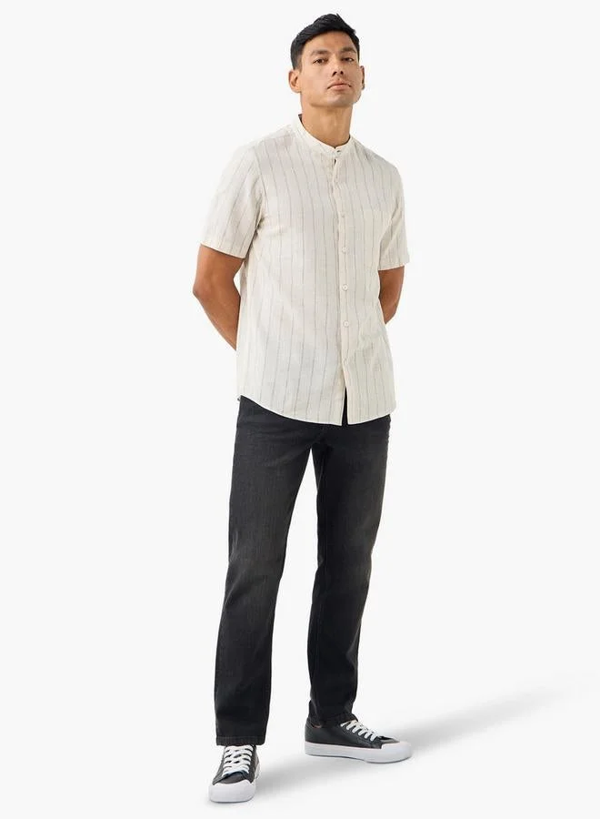 Splash FAV Striped Linen Blend Mandarin Collar Shirt